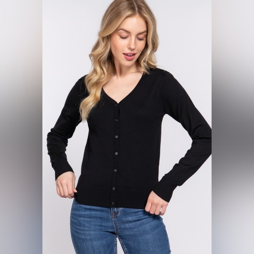 Black V-Neck Button Down Long Sleeve Soft Knit Rayon Cardigan